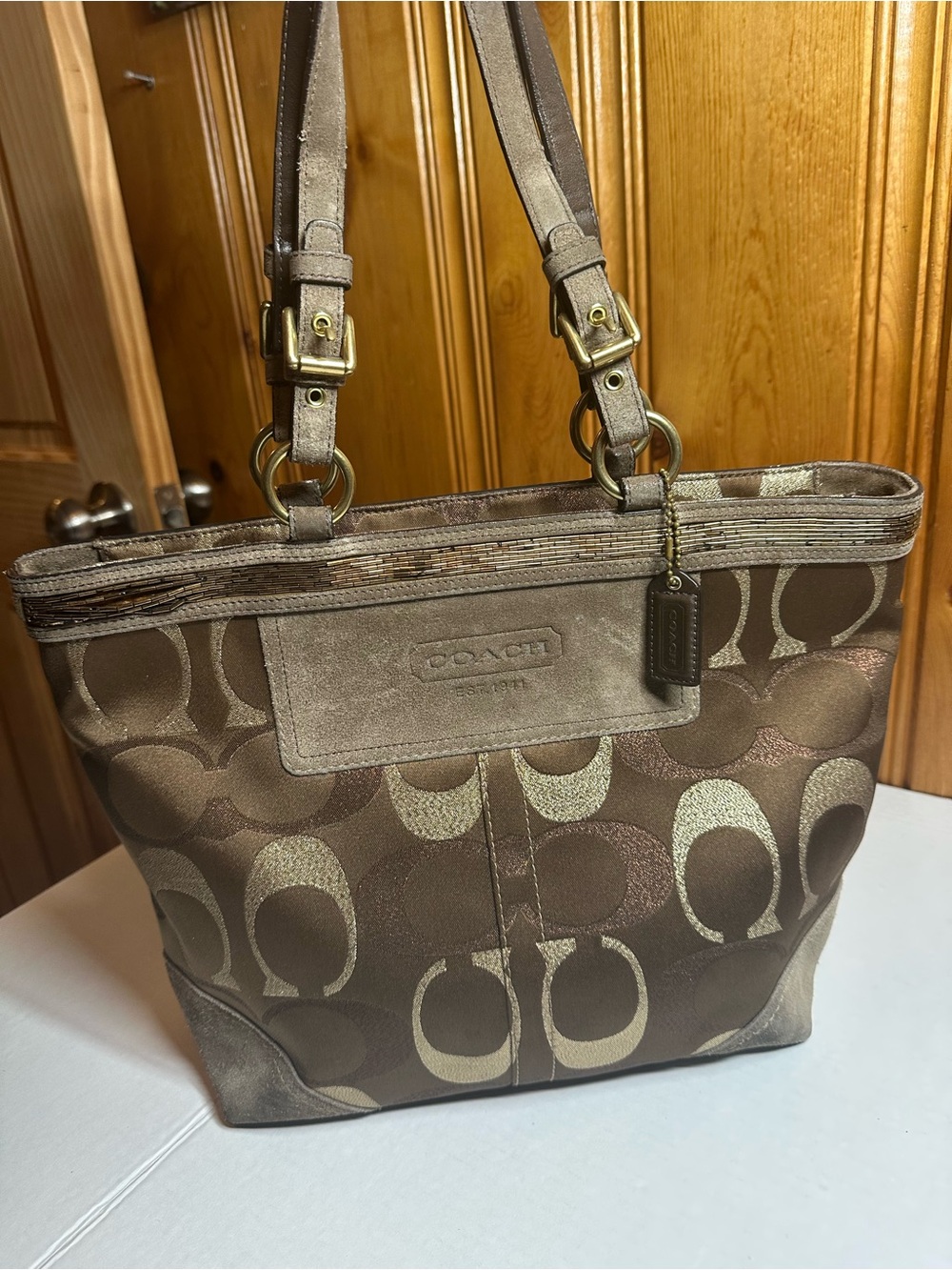 COACH Brown and Gold Signature Canvas Tote - Picture 7 of 13